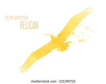 Vector watercolor yellow flying pelican 