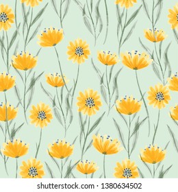 vector watercolor yellow wild floral seamless pattern