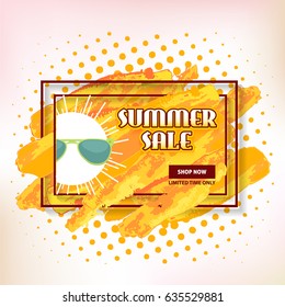 Vector Watercolors with Geometric Frames Style Summer Sale Theme Website Banner, Card, Flyer, Tag Ad Design