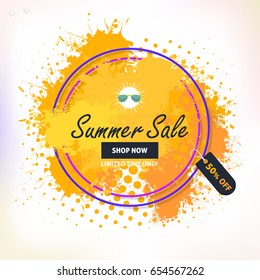 Vector Watercolors with Geometric Frames Style Summer Sale Theme Website Banner, Card, Flyer, Tag Ad Design