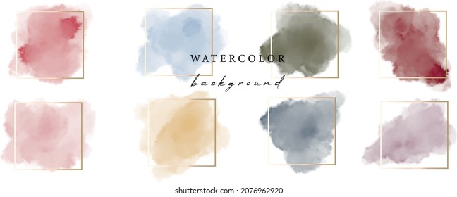 Vector watercolour backgrounds set on white background. Watercolor paint and gold square frame.	