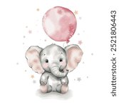 Vector watercolour Birthday elephant with a pink balloon. Cute elephant character for Girly Birthday party decor. Children