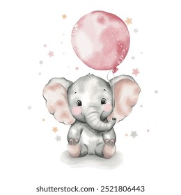 Vector watercolour Birthday elephant with a pink balloon. Cute elephant character for Girly Birthday party decor. Children's decorative element