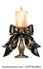 Vector watercolour candle in a candlestick with a black bow. Halloween party decor. Candle in a modern gothic style, fashion illustration for brand identity. 