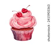 Vector watercolour cupcake with cherries. Cupcake clipart. Valentine