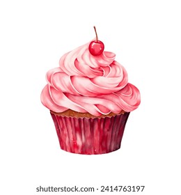 Vector watercolour cupcake with cherry and pink cream. Bakery shop menu. Cafe poster. 