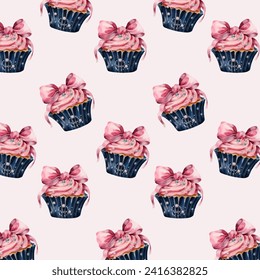 Vector watercolour cupcake pattern. Pink cupcake with a bow and decorative beads. Fabric design, party napkins design, birthday party decor