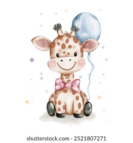 Vector watercolour cute giraffe with a blue balloon. Baby giraffe character for baby shower, boy birthday party decor. Children's room decoration 