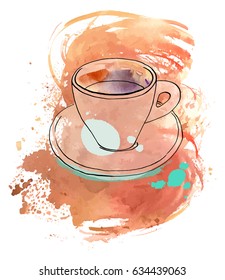 A vector and watercolour drawing of a cup of coffee with a texture and copy space