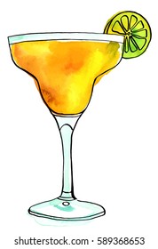 A Vector And Watercolour Drawing Of A Margarita Cocktail With A Slice Of Lime, Isolated On White Background