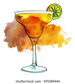 A vector and watercolour drawing of a Margarita cocktail with a slice of lime, isolated on white background, with a textured stain