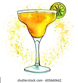 A vector and watercolour drawing of a Margarita cocktail with a slice of lime, a vibrant texture, and copy space