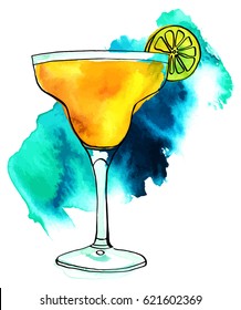 A vector and watercolour drawing of a Margarita cocktail with a slice of lime, isolated on white background, with a vibrant turquoise stain