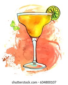 A vector and watercolour drawing of a Margarita cocktail with a slice of lime, isolated on white background, with a textured stain and a vibrant butterfly