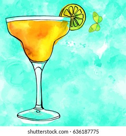 A vector and watercolour drawing of a Margarita cocktail with a slice of lime,on a vibrant teal texture with a butterfly and a place for text