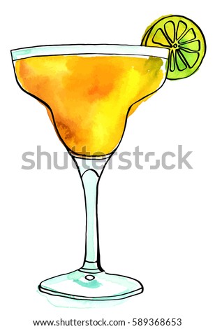 A vector and watercolour drawing of a Margarita cocktail with a slice of lime, isolated on white background