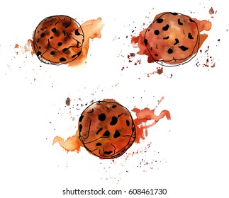 Vector and watercolour drawings of chocolate chips cookies with splashes of paint around, hand drawn on a white background, with a place for text