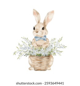 Vector watercolour easter bunny isolated on white background. Cute bunny with spring flowers. 