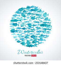 Vector watercolour fish background. Blue watercolor round fish background. There is place for your text.