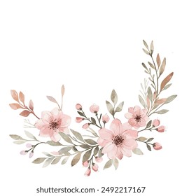 Vector watercolour floral banner. Dusty pink botanical composition for wedding invitations, home decor, textile print