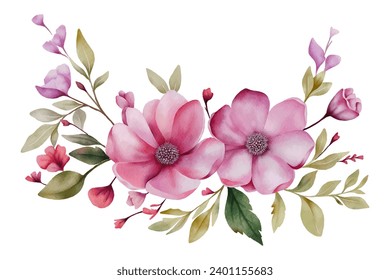 Composición floral de acuarela vectorial con flores rosadas y follaje verde. Impresión botánica