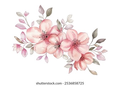 Vector watercolour floral composition with pink flowers and leaves. Wedding floral arrangement. 