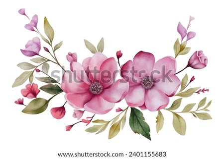 Vector watercolour floral composition with pink flowers and green foliage. Botanical print