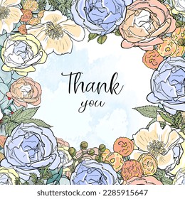 Vector watercolour floral frame with text space. Lettering. For design, printing of postcards, greetings, envelope stickers