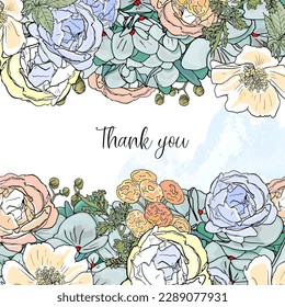 Vector watercolour floral frame with text space. Lettering. For design, printing of postcards, greetings, envelope stickers