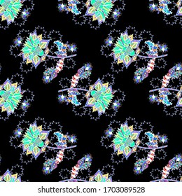 Vector watercolour floral pattern, delicate flowers, black, blue and white flowers, greeting card template. Beautiful fabric pattern.