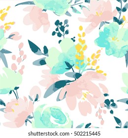 Vector watercolour floral pattern, delicate flowers, yellow, blue and pink flowers, greeting card template