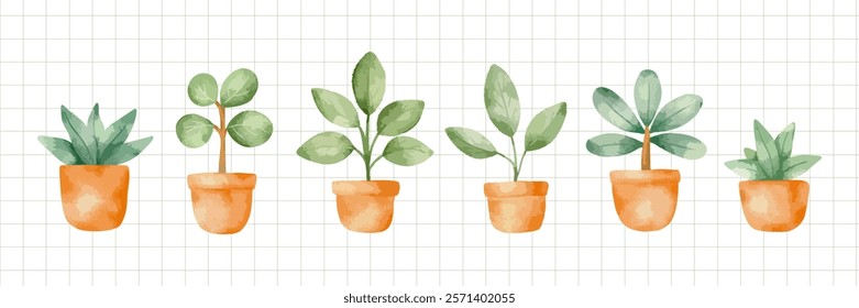 Vector watercolour flower pot collection. Potted flower clip art. 