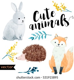 Vector watercolour illustration set of cute animals. Fox. Hare. Hedgehog.