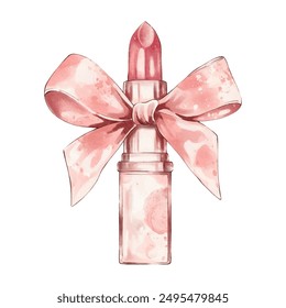 Vector watercolour lipstick with a pink satin bow. Fashion illustration of a lipstick in a modern style. Girl Birthday decoration