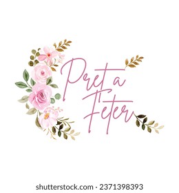 Vector watercolour logo frame with pink and white roses, green leaves, branches and lettering.