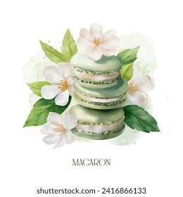 Vector watercolour macaron with apple flavour and floral background. bakery shop art, cafe menu, cooking poster 