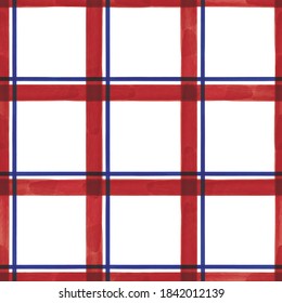 Vector watercolour painted red white blue lines, stripes. Grid, check seamless pattern. Great for projects, wallpapers, home decor and fabrics.