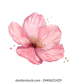 Vector watercolour pink flower with golden elements. Luxury botany for wedding, flower shop, textile print