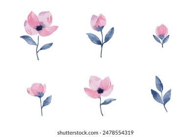 Vector watercolour ponk flowers clip art. Floral collection 