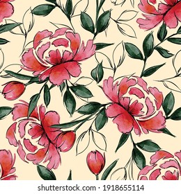 Vector watercolour red blooming floral seamless pattern, line sketch ,delicate flowers, green leaves, Design for fashion , fabric, textile, wallpaper, cover, web , wrapping on light beige