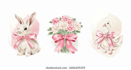 Vector watercolour set of spring illustration in a modern style. Cute bunny with a pink bow, flower bouquet and a goose with a pink bow. Easter decor