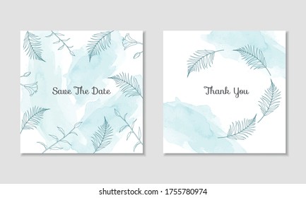Vector watercolour set of two cards with Save The Date and Thank You Signs. Turquoise palette, floral ornament with leaves and lillies.