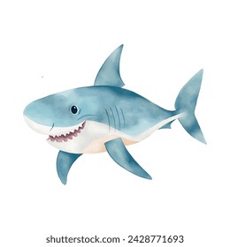 Vector watercolour shark isolated in white background. Cute shark clip art for children's books