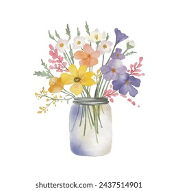 Vector watercolour spring bouquet with field flowers in a glass jar. 