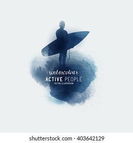 Vector Watercolour stain with a surfer.