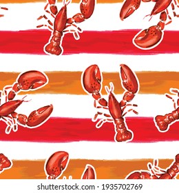 Vector of watercolour Summer Red lobster on brushed horizontal orange stripe seamless pattern, Design for fashion , fabric, textile, wallpaper, cover, web , wrapping and all prints 
