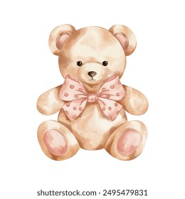 Vector watercolour teddy bear illustration. Teddy bear with a pink bow clip art. Birthday girl party decoration. 