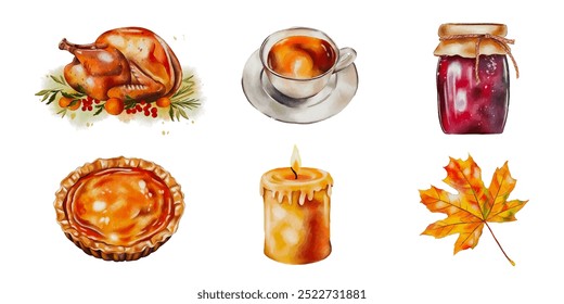 Vector watercolour thanksgiving collection. Happy Thanksgiving dinner elements in watercolour style.