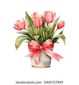 Vector watercolour tulips in a pot. Women's day poster. Spring poster, print design