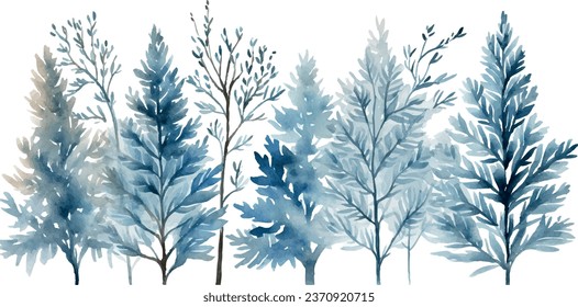 Árboles de invierno de acuarela vectorial aislados en fondo blanco